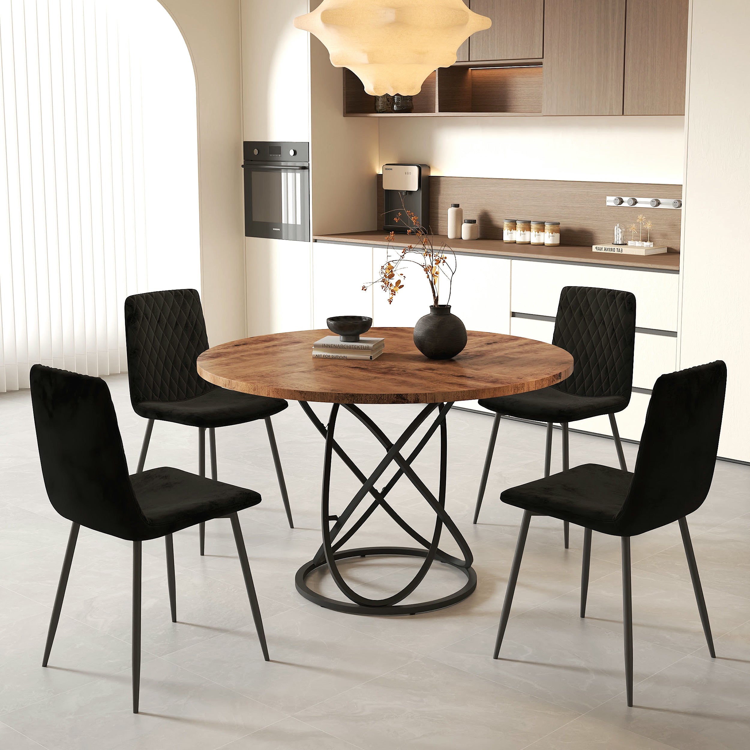 Table Ronde en Bois Salle à Manger 120 cm, Base en Métal Noir, Grande Tables Manger Style Rétro (Marron) AWS2051FR | LEUKHOUSE