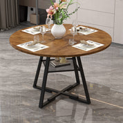 Table a Manger Ronde en Bois, Style Industriel, 120 x 120 x 75 cm, Table Étagère de Rangement Base Métallique Noire AWS2731FR | LEUKHOUSE