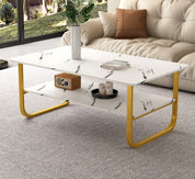Table Basse Marbre à 2 Niveaux Rectangulaire, Table Centrale de Salon en Bois avec Rangement Moderne et Pieds Doré Le Salon Chambre Bureau, 100 x 60 cm (Blanche) AWS2291FR | LEUKHOUSE