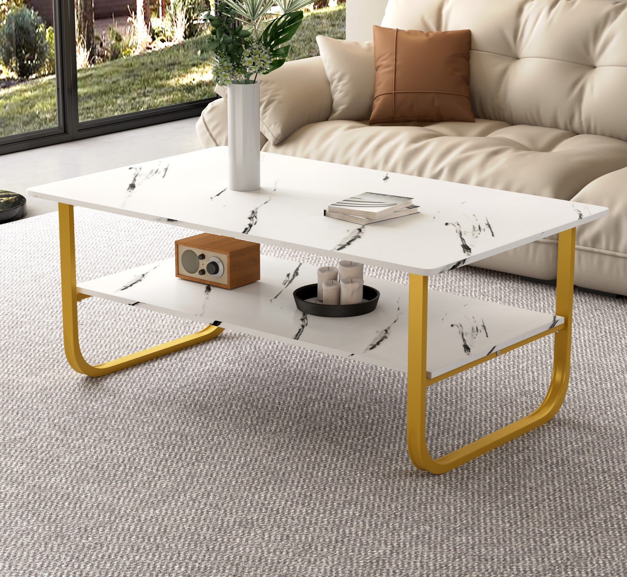 Table Basse Marbre à 2 Niveaux Rectangulaire, Table Centrale de Salon en Bois avec Rangement Moderne et Pieds Doré Le Salon Chambre Bureau, 100 x 60 cm (Blanche) AWS2291FR | LEUKHOUSE