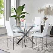 Round Glass Dining Table Set for 4,5 Piece Kitchen Table and PU Leather Chairs with Chromed Legs, 35.5 Inches Dining Table Set, White CA | LEUKHOUSE