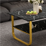 Table Basse Marbre à 2 Niveaux Rectangulaire, Table Centrale de Salon en Bois avec Rangement Moderne et Pieds Doré Le Salon Chambre Bureau, 100 x 60 cm (Noire) AWS2292FR | LEUKHOUSE
