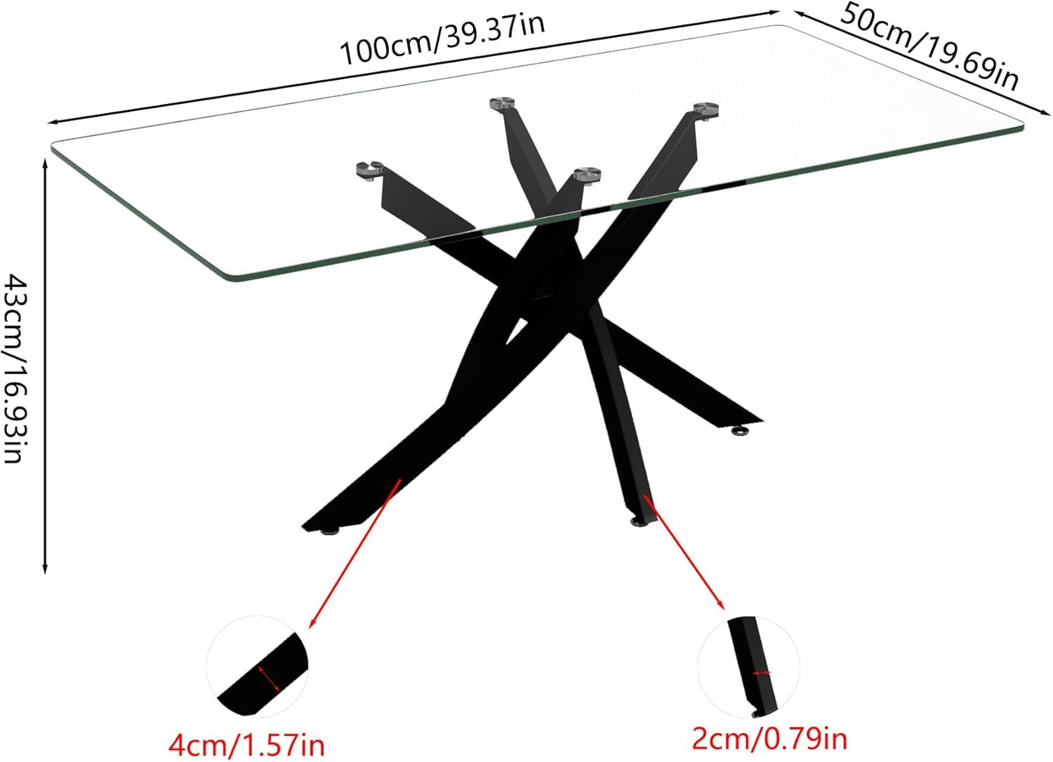 Table Basse Moderne, Table Centrale de Salon avec Plateau en Verre Trempé, Structure en X, 100 x 50 x 43 cm, Noire AWS19810FR | LEUKHOUSE