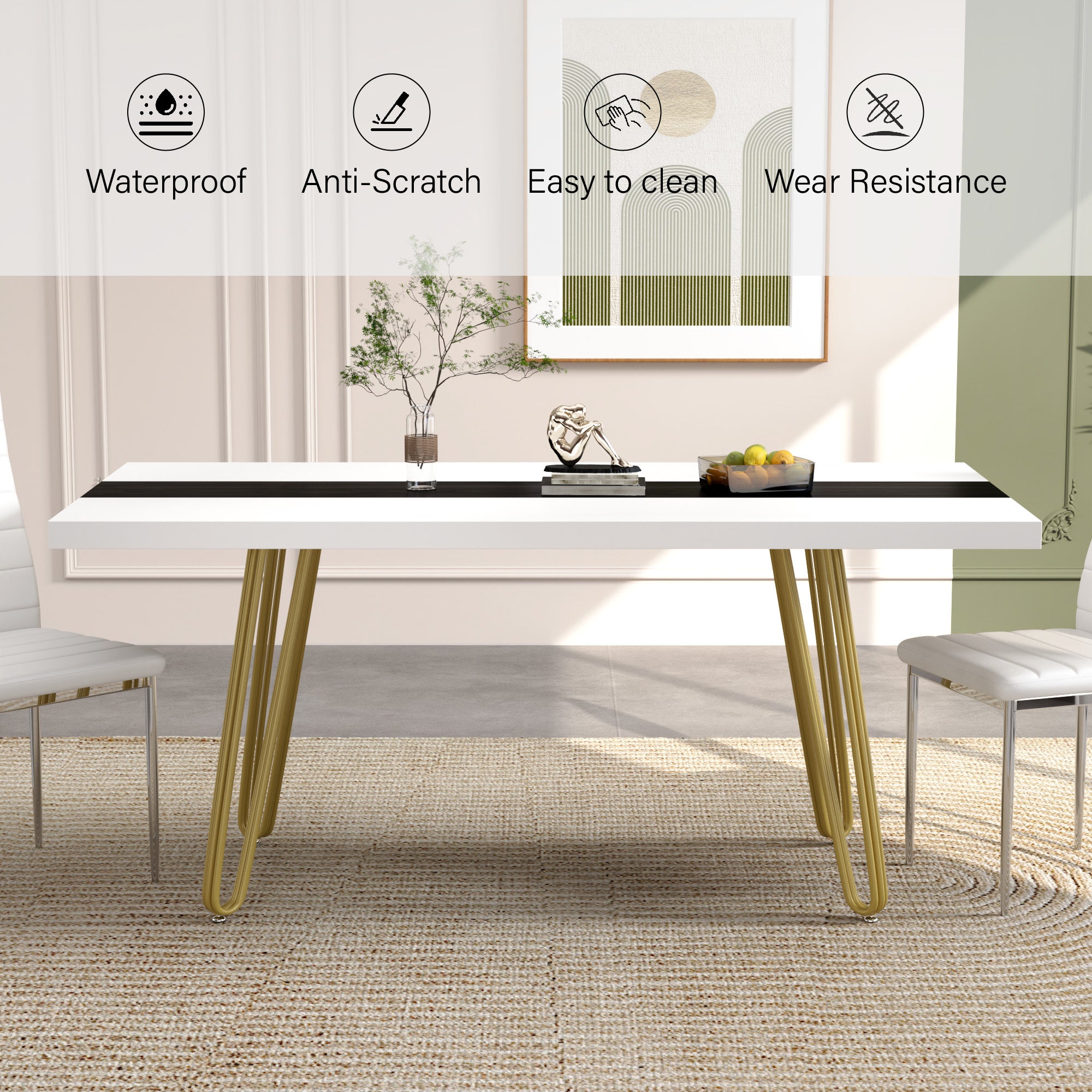 Rectangular Dining Table, Large Wooden Dining Table, 63 Inches Farmhouse Kitchen Table for Kitchen Dining Room CA | LEUKHOUSE