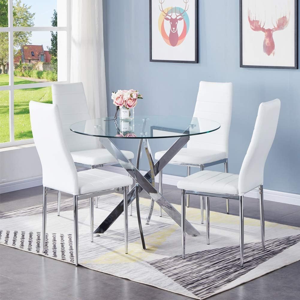 Round Glass Dining Table Set for 4,5 Piece Kitchen Table and PU Leather Chairs with Chromed Legs, 35.5 Inches Dining Table Set, White CA | LEUKHOUSE