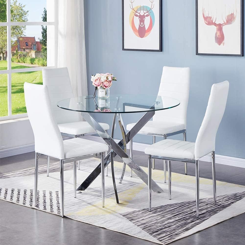 Round Glass Dining Table,35.5" Modern Round Kitchen Table with Chromed Legs Home Furniture for Kitchen Dining Room CA | LEUKHOUSE