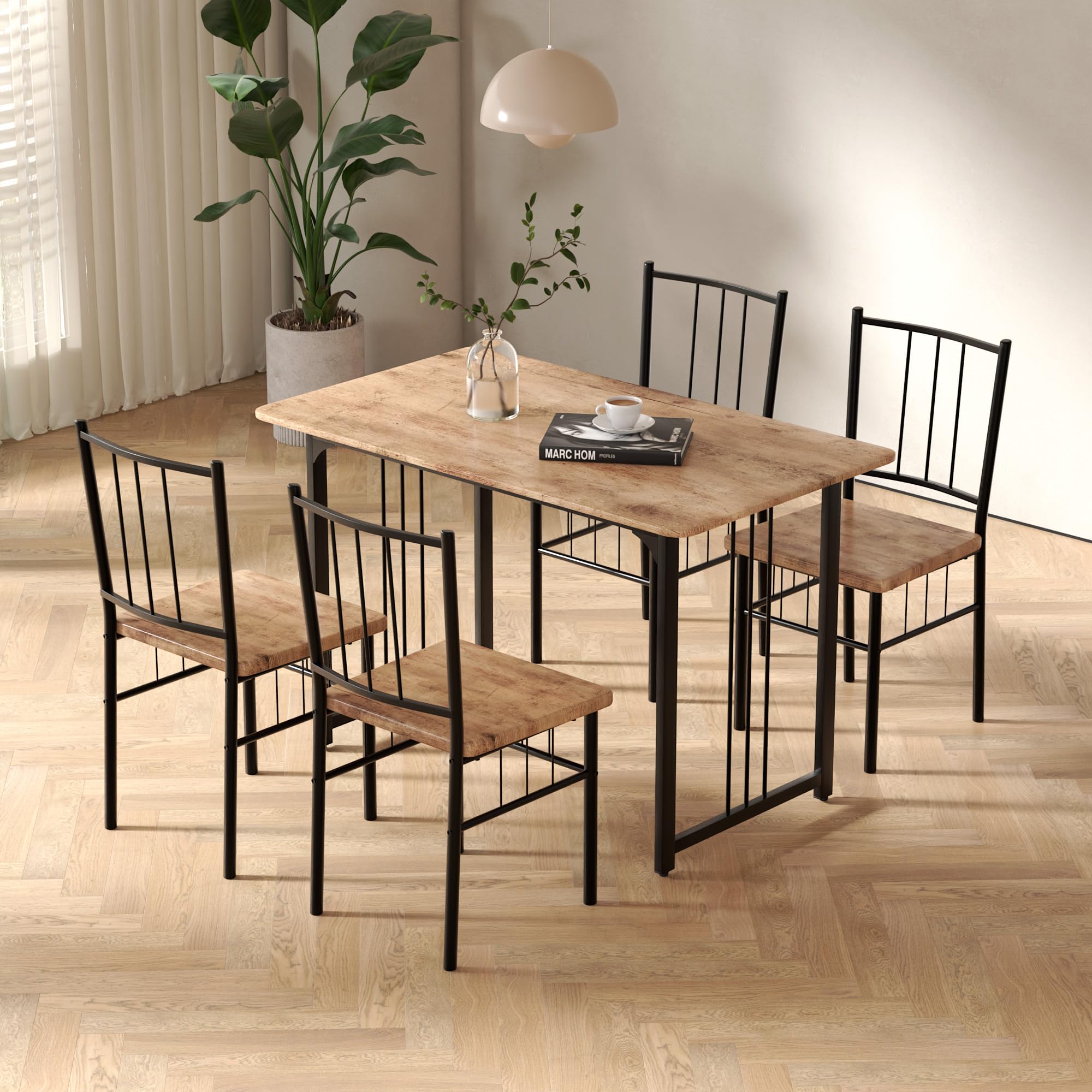 Dining Table Set for 4, 47.2-Inch Wood Kitchen Table Set,Rustic Brown 5 Piece Dining Table Set for Kitchen Dining Room CA | LEUKHOUSE