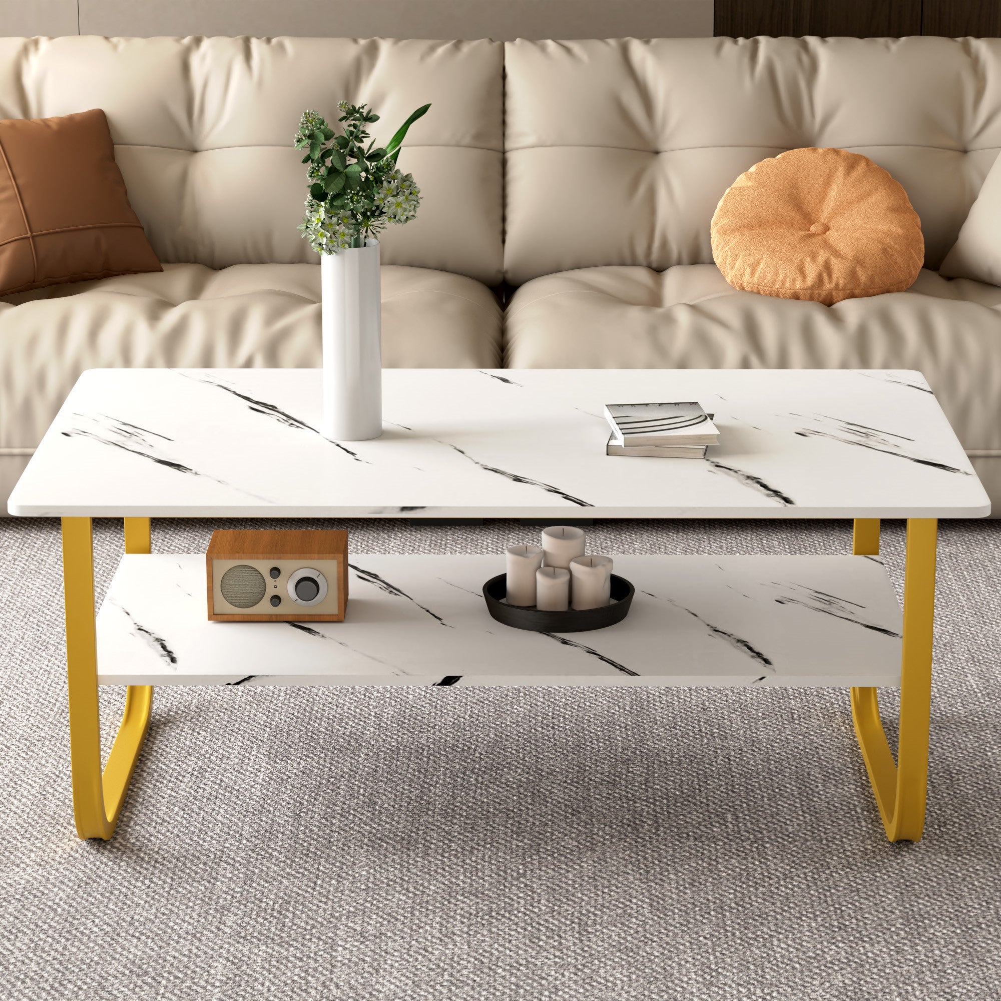 Table Basse Marbre à 2 Niveaux Rectangulaire, Table Centrale de Salon en Bois avec Rangement Moderne et Pieds Doré Le Salon Chambre Bureau, 100 x 60 cm (Blanche) AWS2291FR | LEUKHOUSE