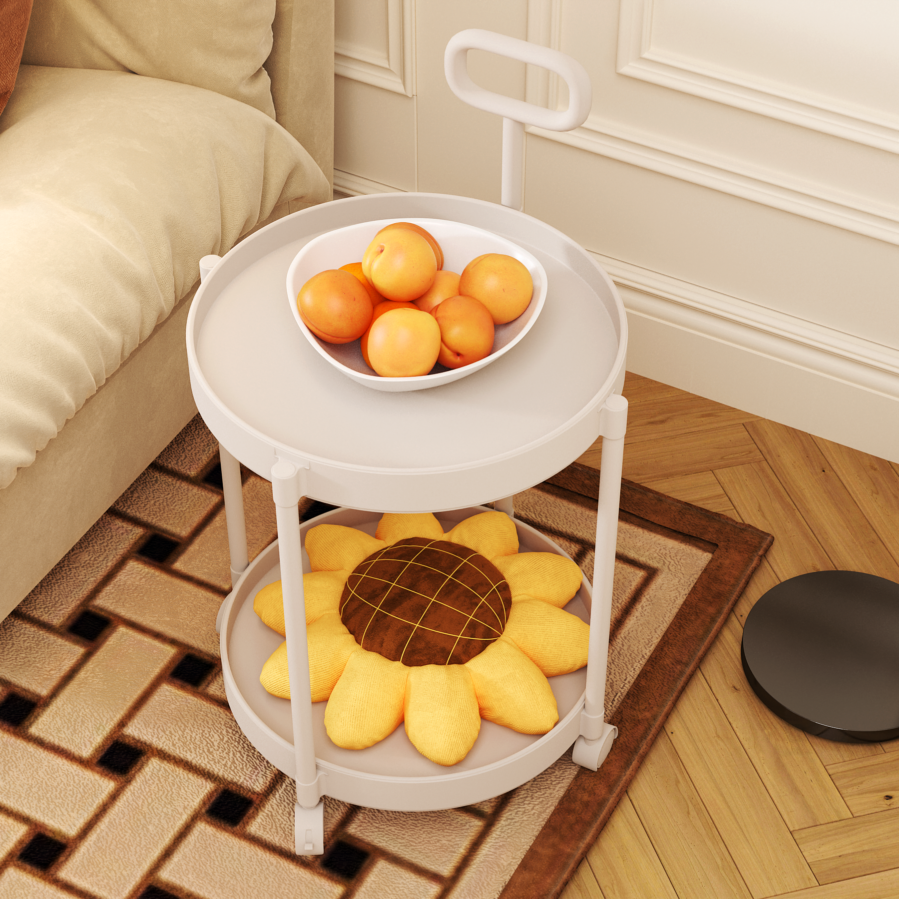 Table de Chevet Mobile avec 2 Plateaux, Table d'appoint Ronde roulettes et Poignées pour Déplacement Facile, Beige  AWS228FR | LEUKHOUSE