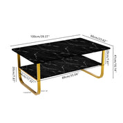 Table Basse Marbre à 2 Niveaux Rectangulaire, Table Centrale de Salon en Bois avec Rangement Moderne et Pieds Doré Le Salon Chambre Bureau, 100 x 60 cm (Noire) AWS2292FR | LEUKHOUSE
