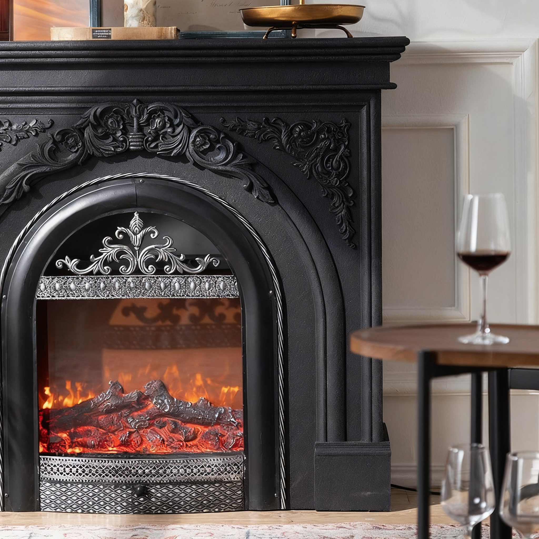 Retro Black Carved Fireplace | LEUKHOME