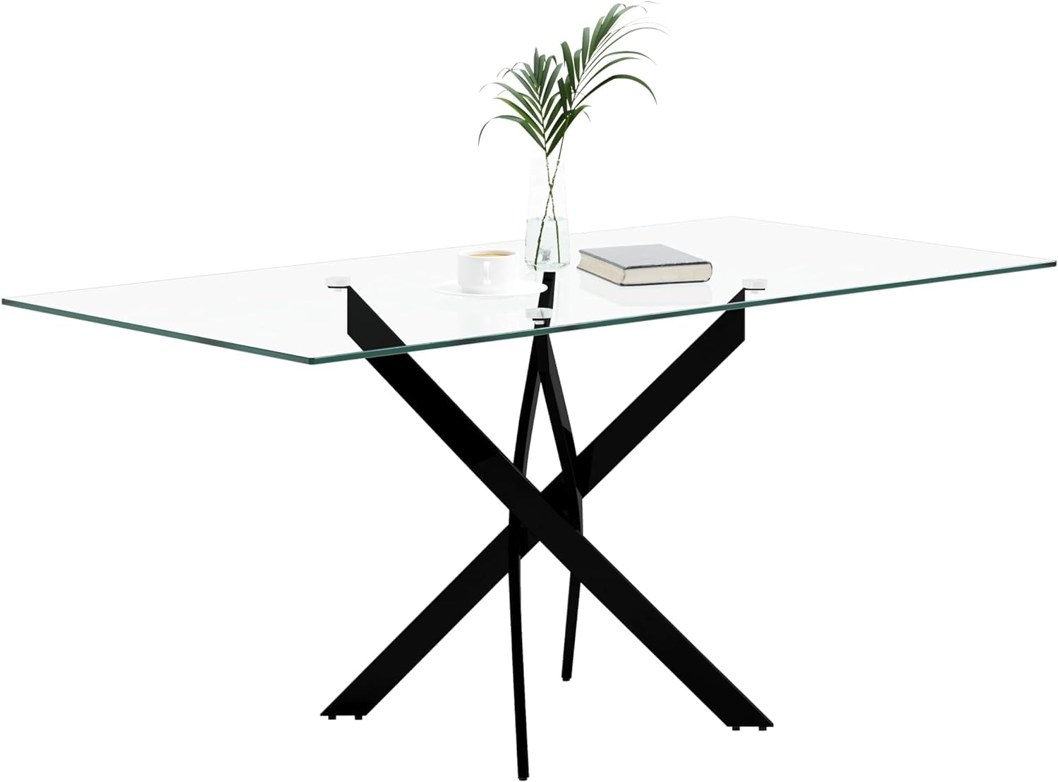 Glass Dining Table,47 Inches Modern Rectangular Kitchen Table with Black Metal Legs for Dining Room&Living Room CA | LEUKHOUSE