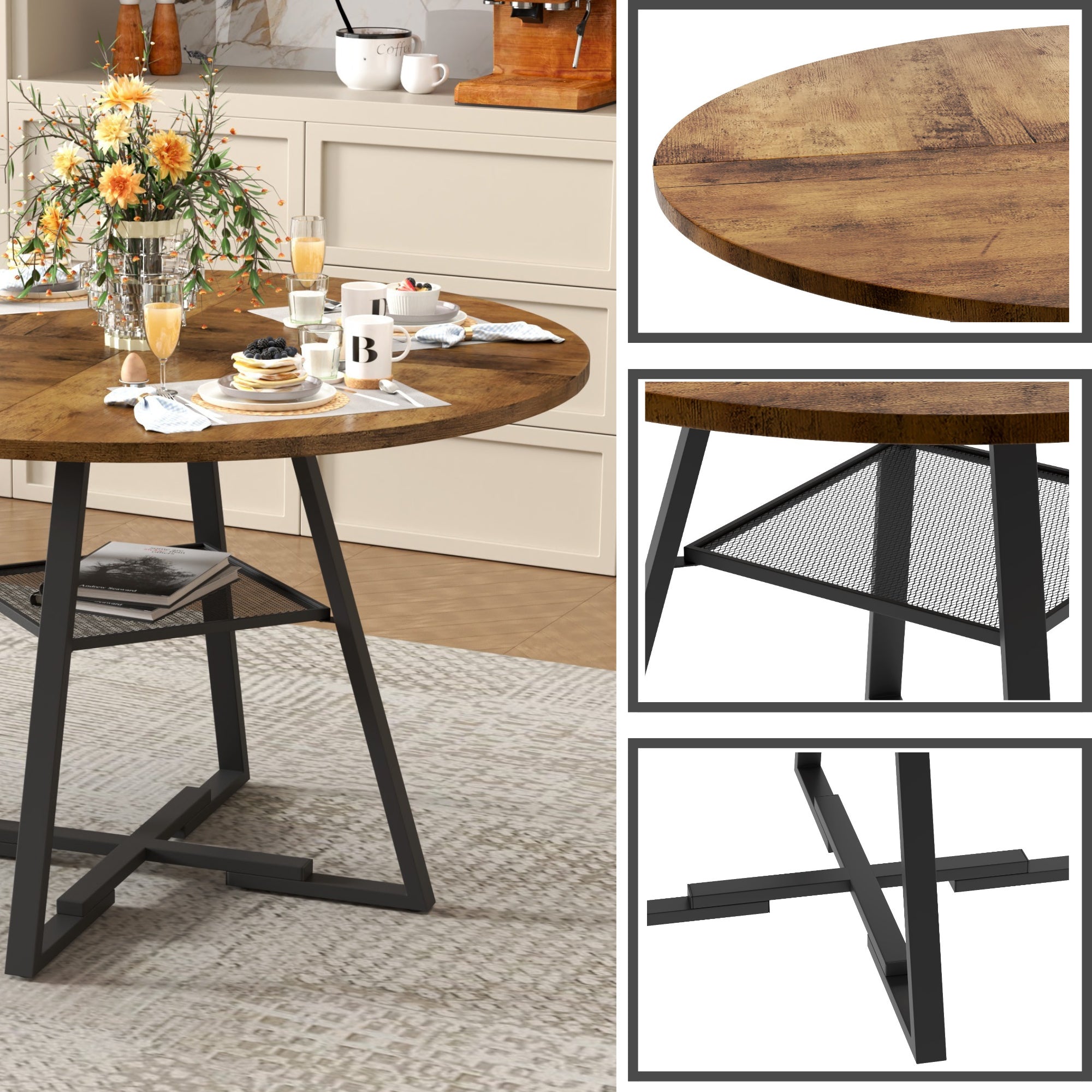 Table a Manger Ronde en Bois, Style Industriel, 120 x 120 x 75 cm, Table Étagère de Rangement Base Métallique Noire AWS2731FR | LEUKHOUSE
