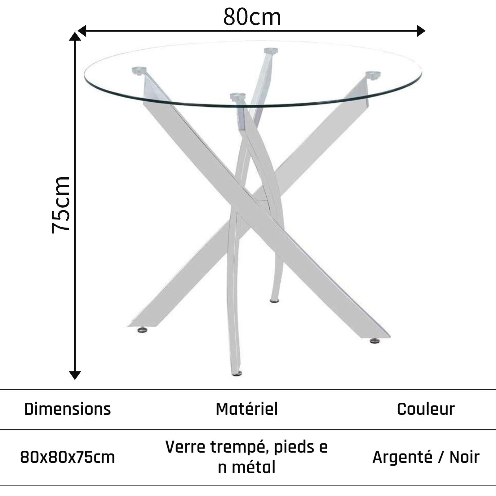 Table à Manger Ronde en Verre, Table Moderne de Cuisine, Argenté, 80 cm AWS0225FR | LEUKHOUSE