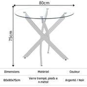 Table à Manger Ronde en Verre, Table Moderne de Cuisine, Argenté, 80 cm AWS0225FR | LEUKHOUSE