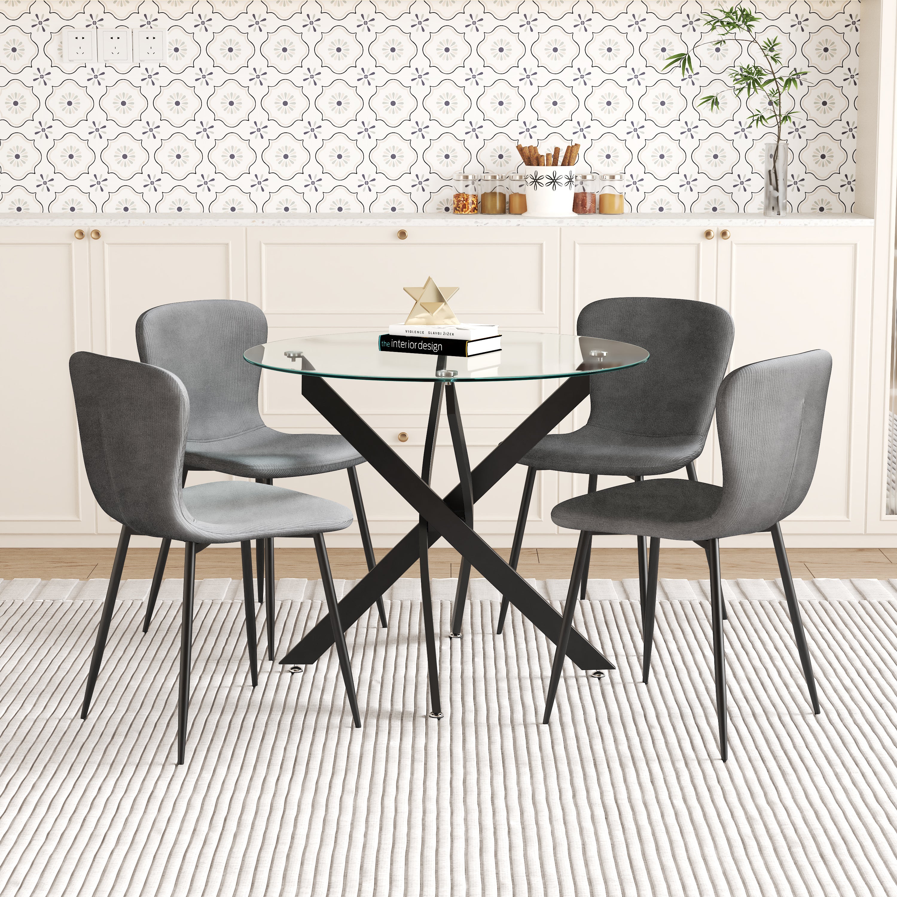 Table à Manger en Verre Table Ronde Salle à Manger avec Pieds en Métal de Cuisine 80 cm, Noir AWS0226FR | LEUKHOUSE