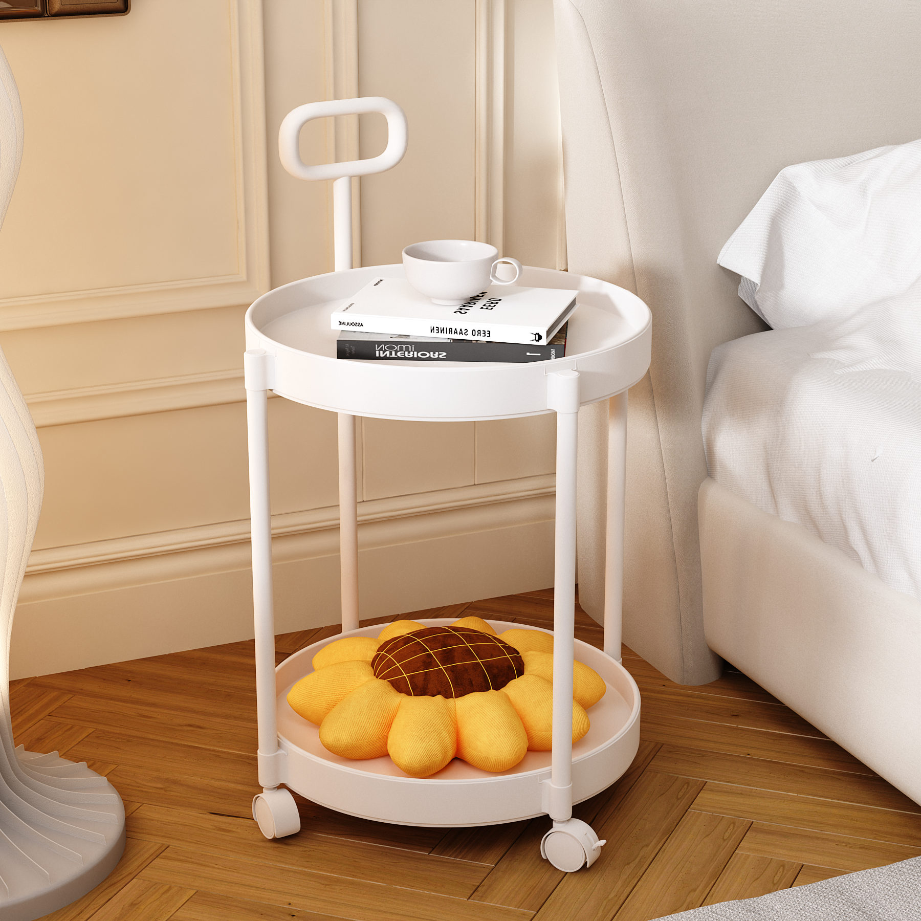 Table de Chevet Mobile avec 2 Plateaux, Table d'appoint Ronde roulettes et Poignées pour Déplacement Facile, Beige  AWS228FR | LEUKHOUSE