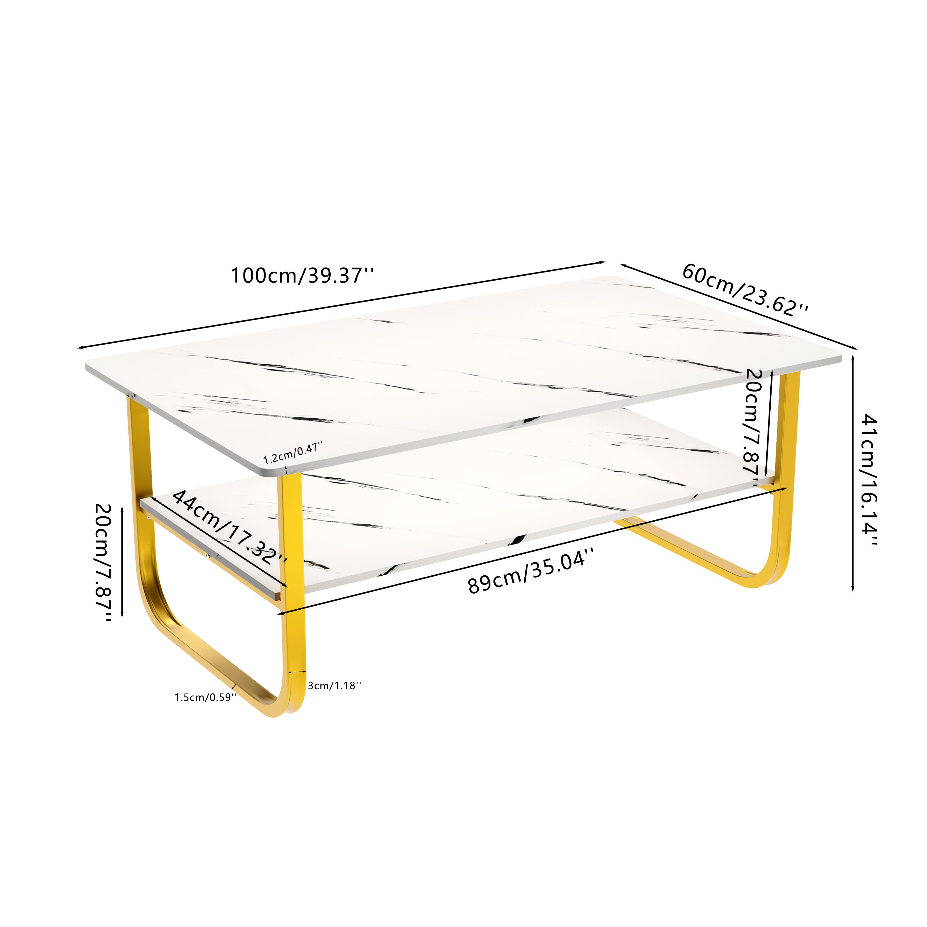 Table Basse Marbre à 2 Niveaux Rectangulaire, Table Centrale de Salon en Bois avec Rangement Moderne et Pieds Doré Le Salon Chambre Bureau, 100 x 60 cm (Blanche) AWS2291FR | LEUKHOUSE