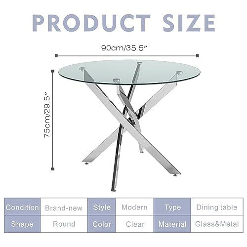 Round Tempered Glass Dining Table Set for 4 with 4 Upholstered Chairs (Sliver Table with White Chairs) US | LEUKHOUSE