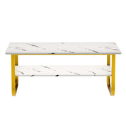 Table Basse Marbre à 2 Niveaux Rectangulaire, Table Centrale de Salon en Bois avec Rangement Moderne et Pieds Doré Le Salon Chambre Bureau, 100 x 60 cm (Blanche) AWS2291FR | LEUKHOUSE