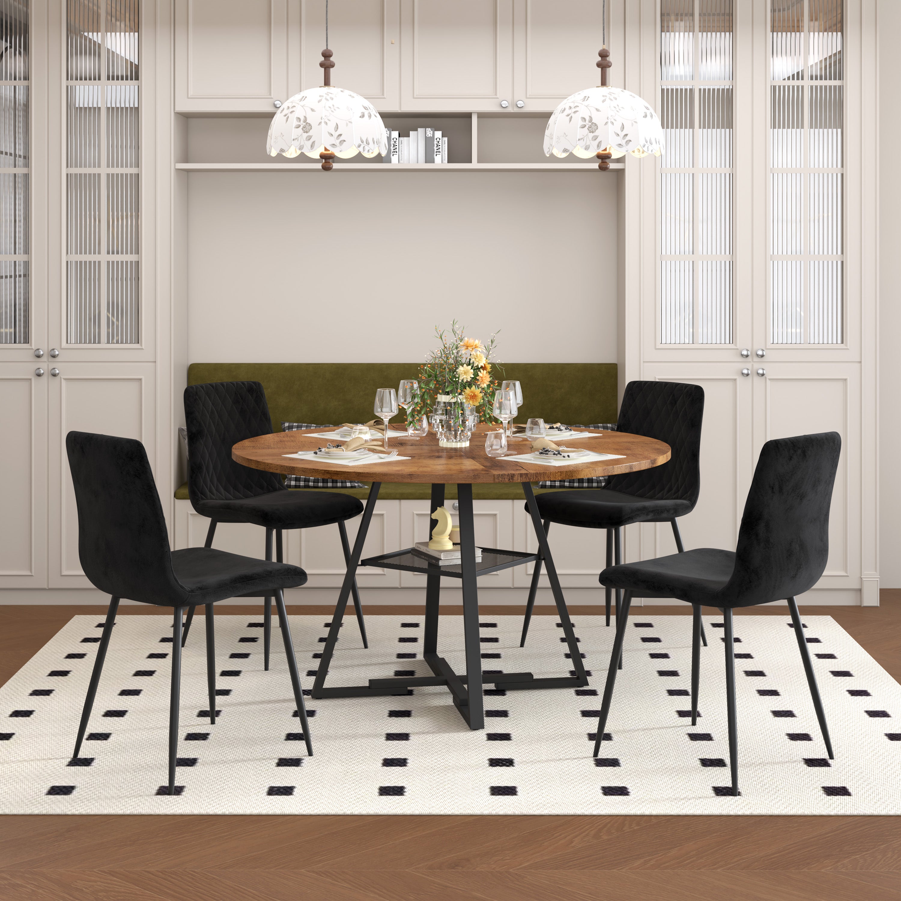 Table a Manger Ronde en Bois, Style Industriel, 120 x 120 x 75 cm, Table Étagère de Rangement Base Métallique Noire AWS2731FR | LEUKHOUSE