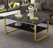Table Basse Marbre à 2 Niveaux Rectangulaire, Table Centrale de Salon en Bois avec Rangement Moderne et Pieds Doré Le Salon Chambre Bureau, 100 x 60 cm (Noire) AWS2292FR | LEUKHOUSE