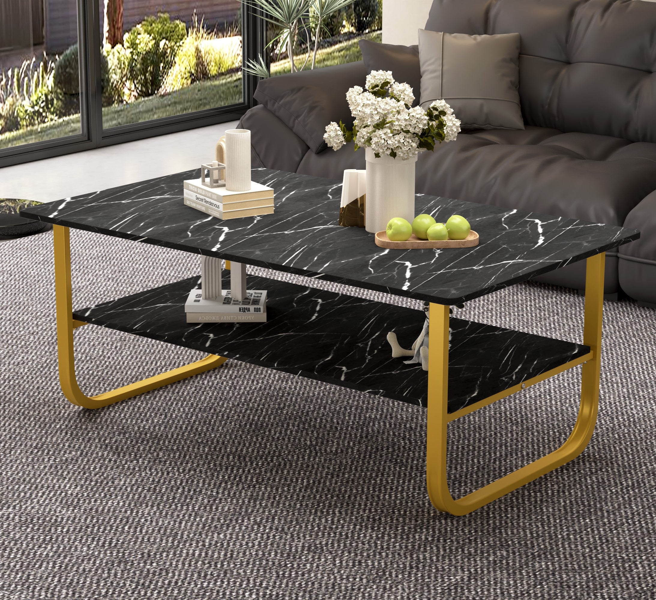 Table Basse Marbre à 2 Niveaux Rectangulaire, Table Centrale de Salon en Bois avec Rangement Moderne et Pieds Doré Le Salon Chambre Bureau, 100 x 60 cm (Noire) AWS2292FR | LEUKHOUSE