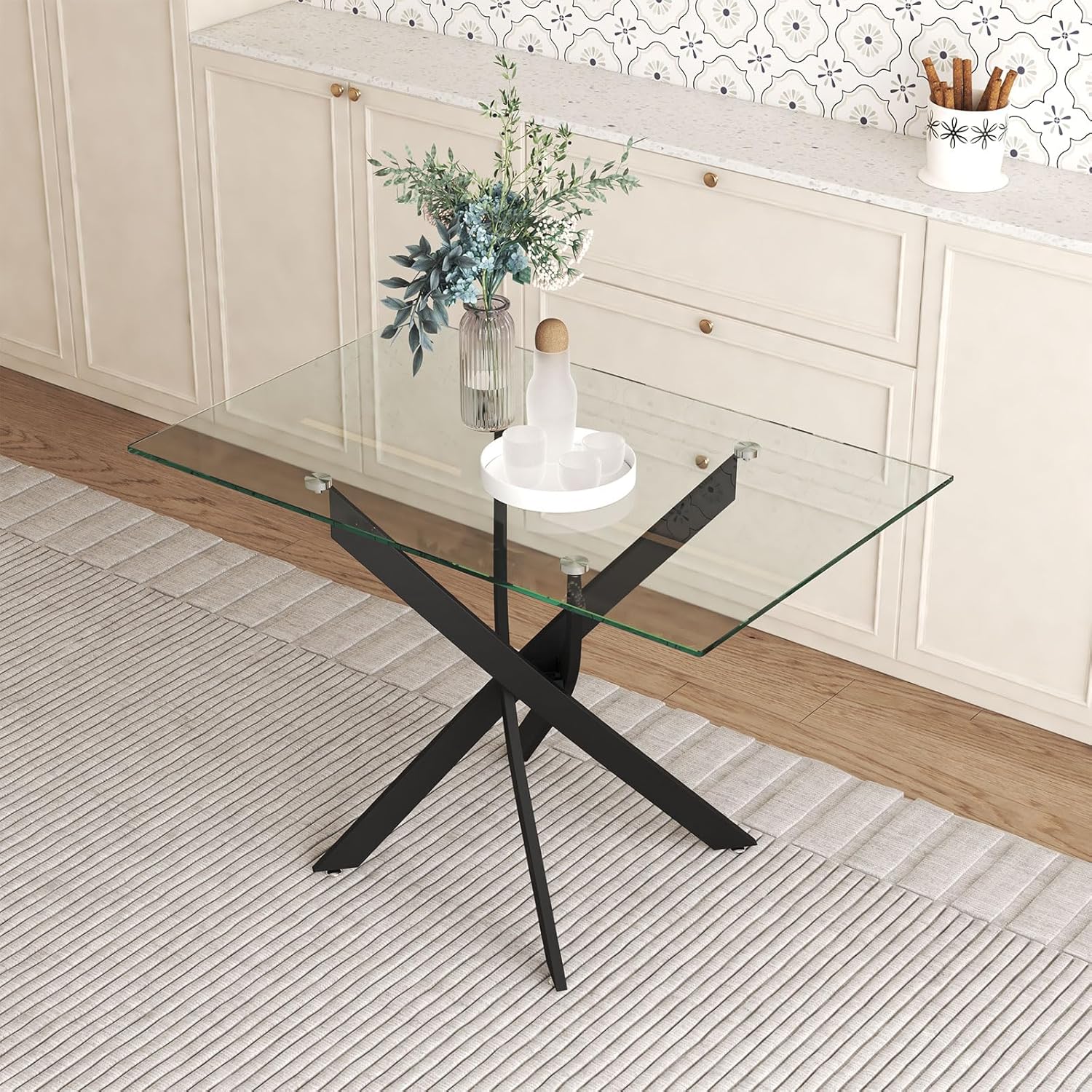 Glass Dining Table,47.2'' Rectangular Kitchen Table with Black Metal Legs, Modern Style Dining Table for Home Kitchen,Dining Room CA | LEUKHOUSE