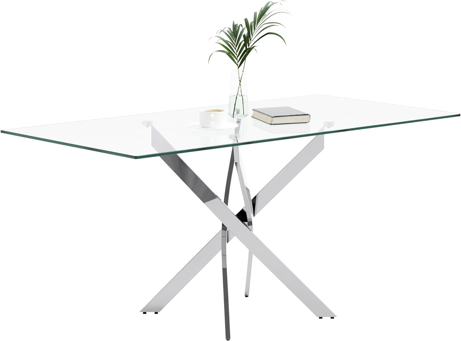 Glass Dining Table with Chromed Legs,47 inches Modern Rectangular Kitchen Table for Dining Kitchen Room CA| LEUKHOUSE
