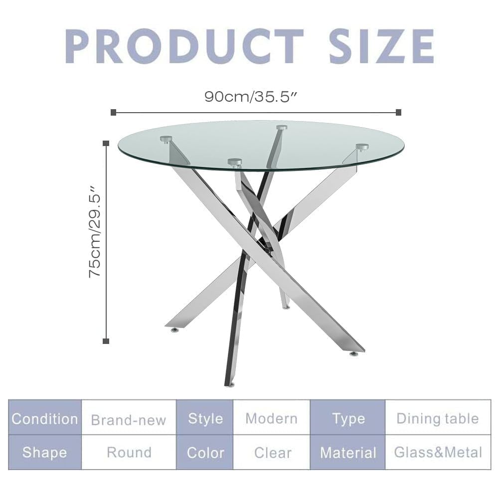 Round Tempered Glass Dining Table Set for 4 with 4 Upholstered Chairs (Sliver Table with Black Chairs) US | LEUKHOUSE