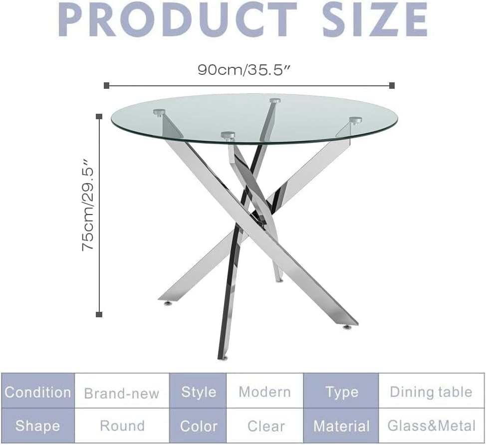 Round Glass Dining Table,35.5" Modern Round Kitchen Table with Chromed Legs Home Furniture for Kitchen Dining Room CA | LEUKHOUSE