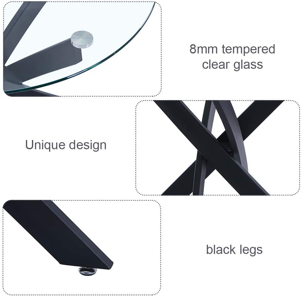 Round Tempered Glass Dining Table Set for 4 with 4 Upholstered Chairs (Black Table with Black Chairs) US | LEUKHOUSE