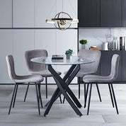 Round Tempered Glass Dining Table Set for 4 with 4 Velvet Chairs (Black Table with Grey Chairs) US | LEUKHOUSE
