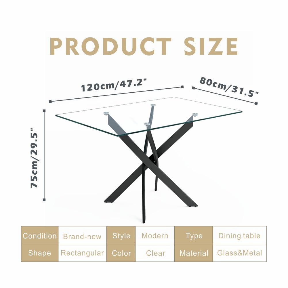 Glass Dining Table,47 Inches Modern Rectangular Kitchen Table with Black Metal Legs for Dining Room&Living Room CA | LEUKHOUSE