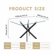 Glass Dining Table,47 Inches Modern Rectangular Kitchen Table with Black Metal Legs for Dining Room&Living Room CA | LEUKHOUSE