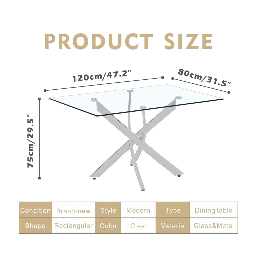 Glass Dining Table with Chromed Legs,47 inches Modern Rectangular Kitchen Table for Dining Kitchen Room CA| LEUKHOUSE