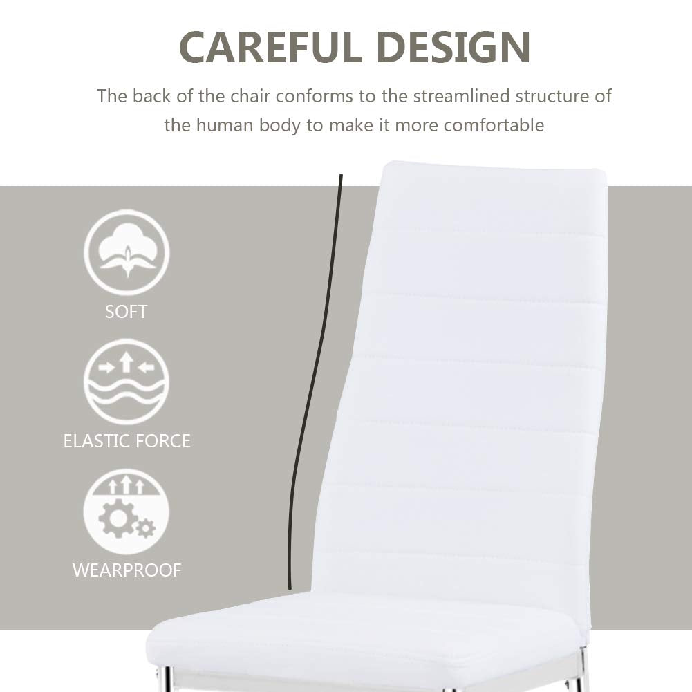 Round Glass Dining Table Set for 4,5 Piece Kitchen Table and PU Leather Chairs with Chromed Legs, 35.5 Inches Dining Table Set, White CA | LEUKHOUSE