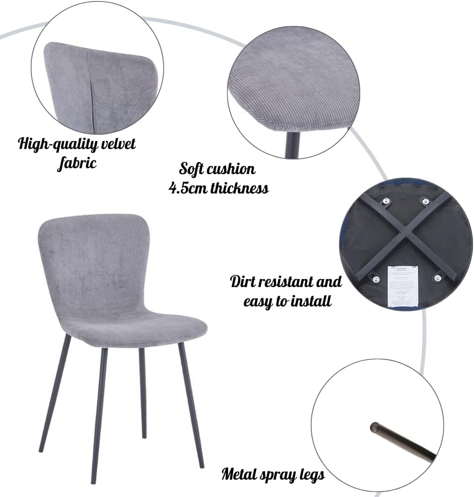 Round Tempered Glass Dining Table Set for 4 with 4 Velvet Chairs (Black Table with Grey Chairs) US | LEUKHOUSE