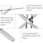 47" Tempered Glass Dining Table with Silver Metal Legs US | LEUKHOUSE