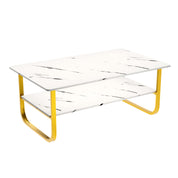Table Basse Marbre à 2 Niveaux Rectangulaire, Table Centrale de Salon en Bois avec Rangement Moderne et Pieds Doré Le Salon Chambre Bureau, 100 x 60 cm (Blanche) AWS2291FR | LEUKHOUSE