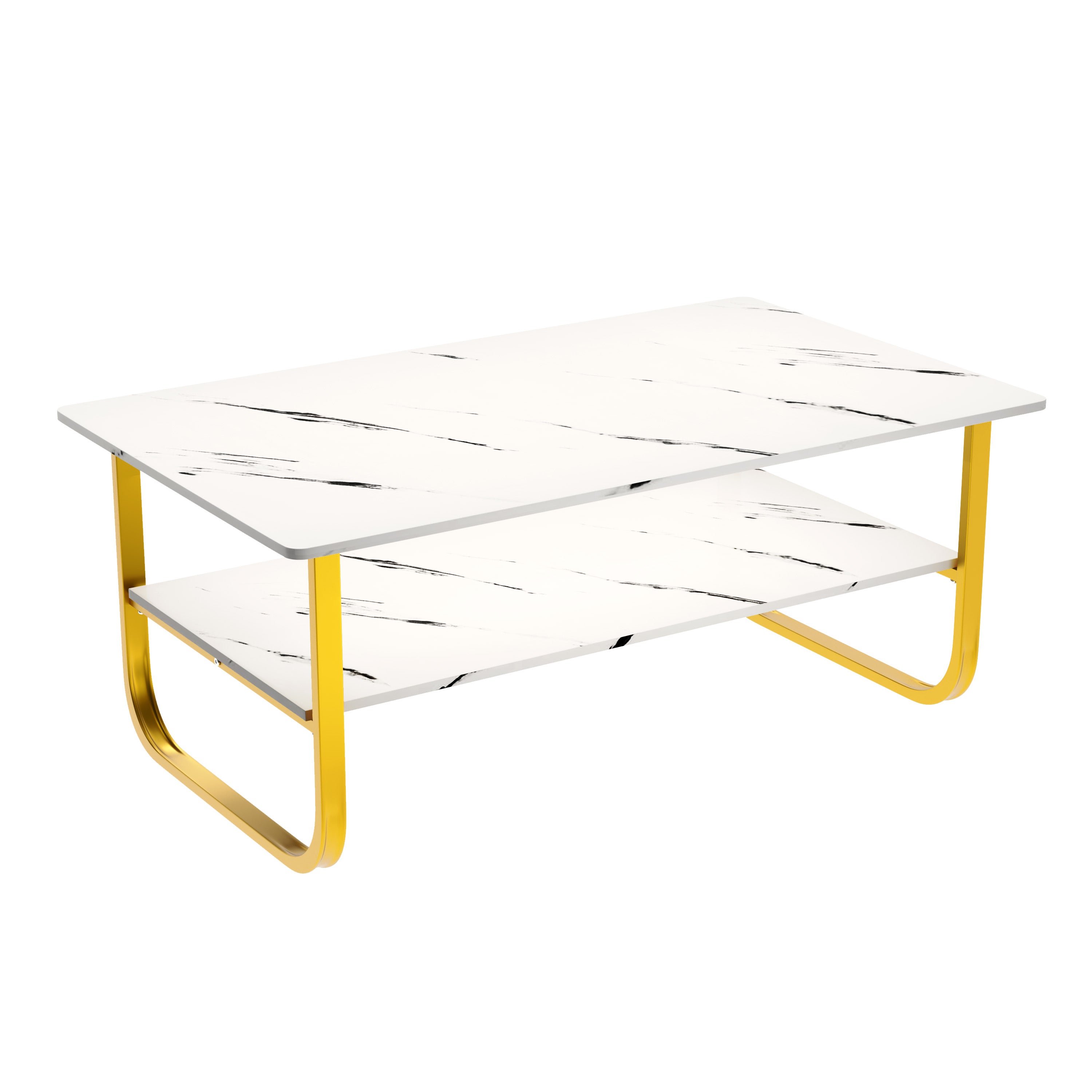 Table Basse Marbre à 2 Niveaux Rectangulaire, Table Centrale de Salon en Bois avec Rangement Moderne et Pieds Doré Le Salon Chambre Bureau, 100 x 60 cm (Blanche) AWS2291FR | LEUKHOUSE