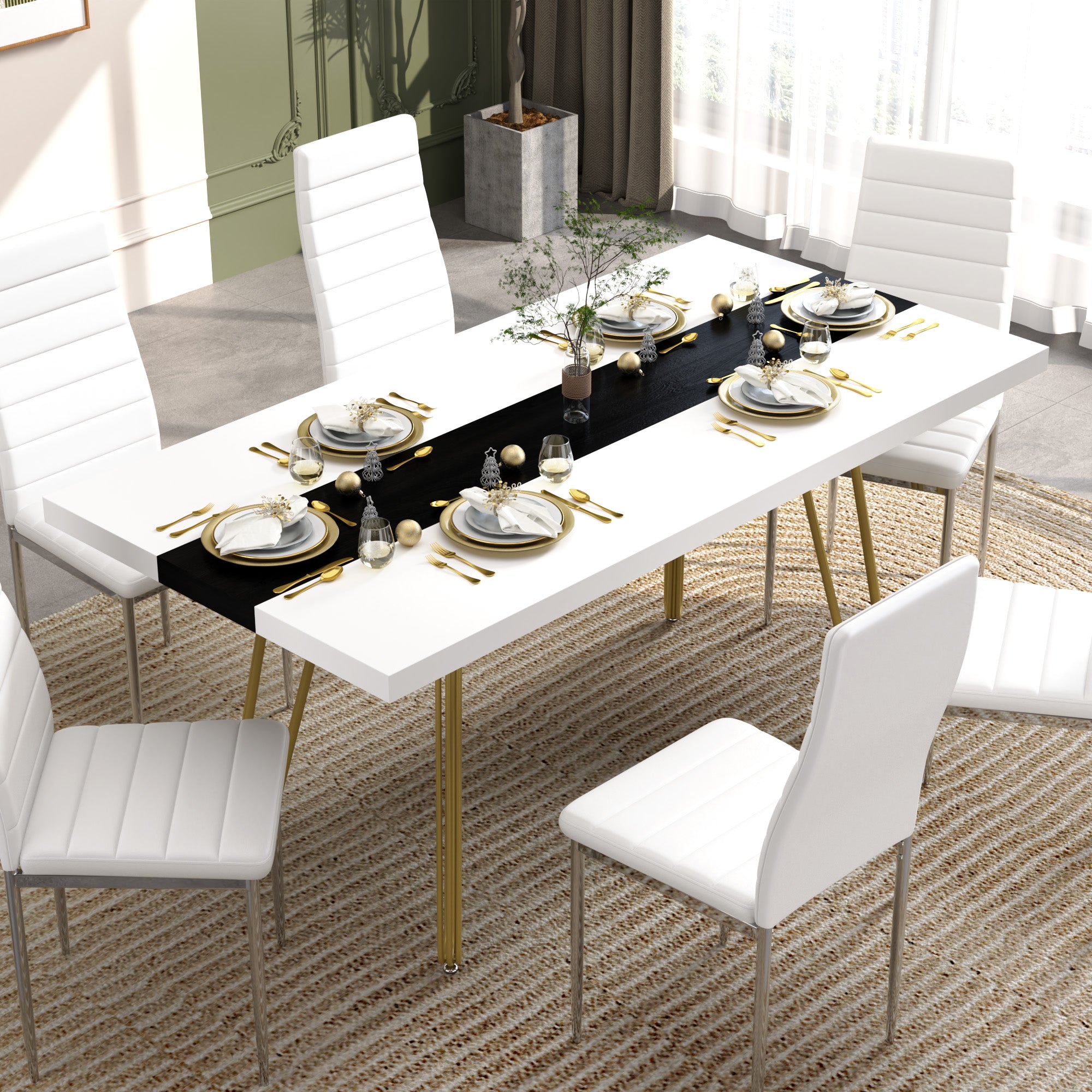 Rectangular Dining Table, Large Wooden Dining Table, 63 Inches Farmhouse Kitchen Table for Kitchen Dining Room CA | LEUKHOUSE