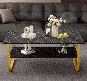 Table Basse Marbre à 2 Niveaux Rectangulaire, Table Centrale de Salon en Bois avec Rangement Moderne et Pieds Doré Le Salon Chambre Bureau, 100 x 60 cm (Noire) AWS2292FR | LEUKHOUSE