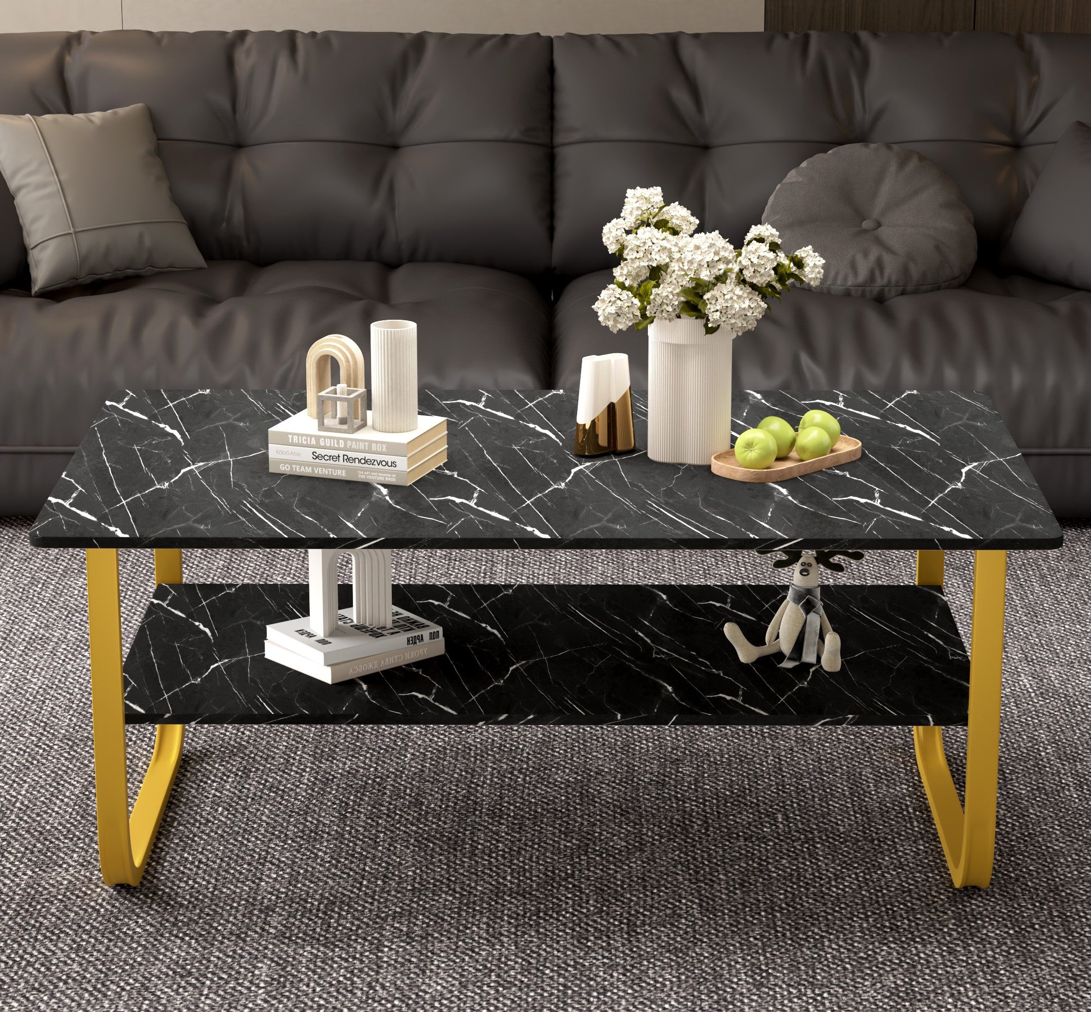 Table Basse Marbre à 2 Niveaux Rectangulaire, Table Centrale de Salon en Bois avec Rangement Moderne et Pieds Doré Le Salon Chambre Bureau, 100 x 60 cm (Noire) AWS2292FR | LEUKHOUSE