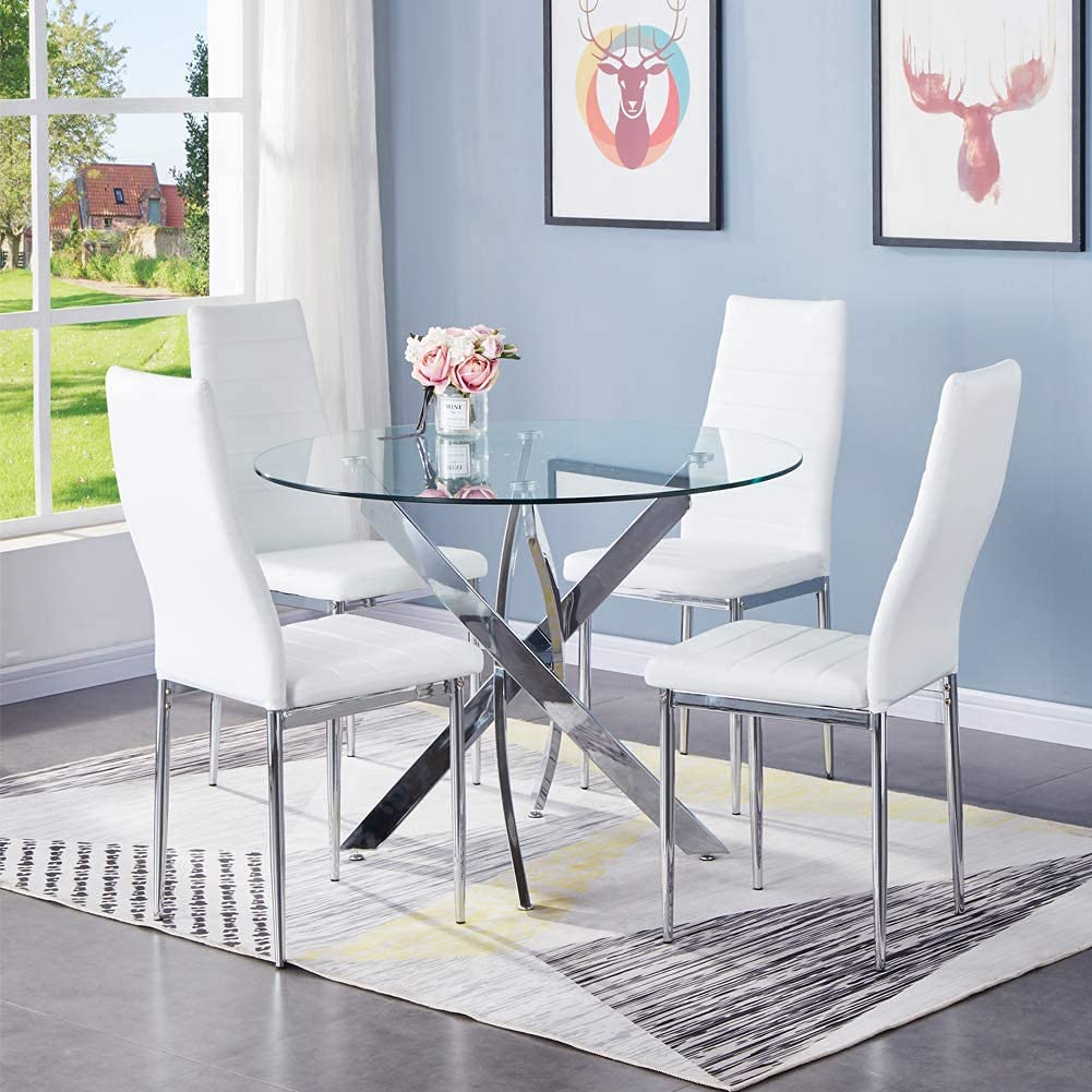 35.5 Inch Round Tempered Glass Dining Table for 2-4 with Chromed Legs (Silver/White) US | LEUKHOUSE