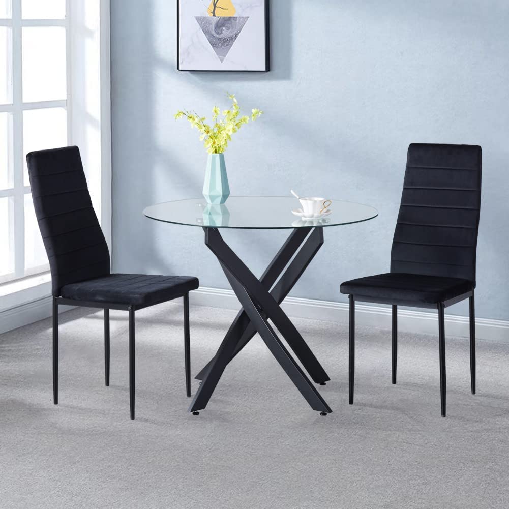 35.5 Inch Round Tempered Glass Dining Table for 2-4 with Chromed Legs (Black) US | LEUKHOUSE