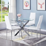 Round Tempered Glass Dining Table Set for 4 with 4 Upholstered Chairs (Sliver Table with White Chairs) US | LEUKHOUSE