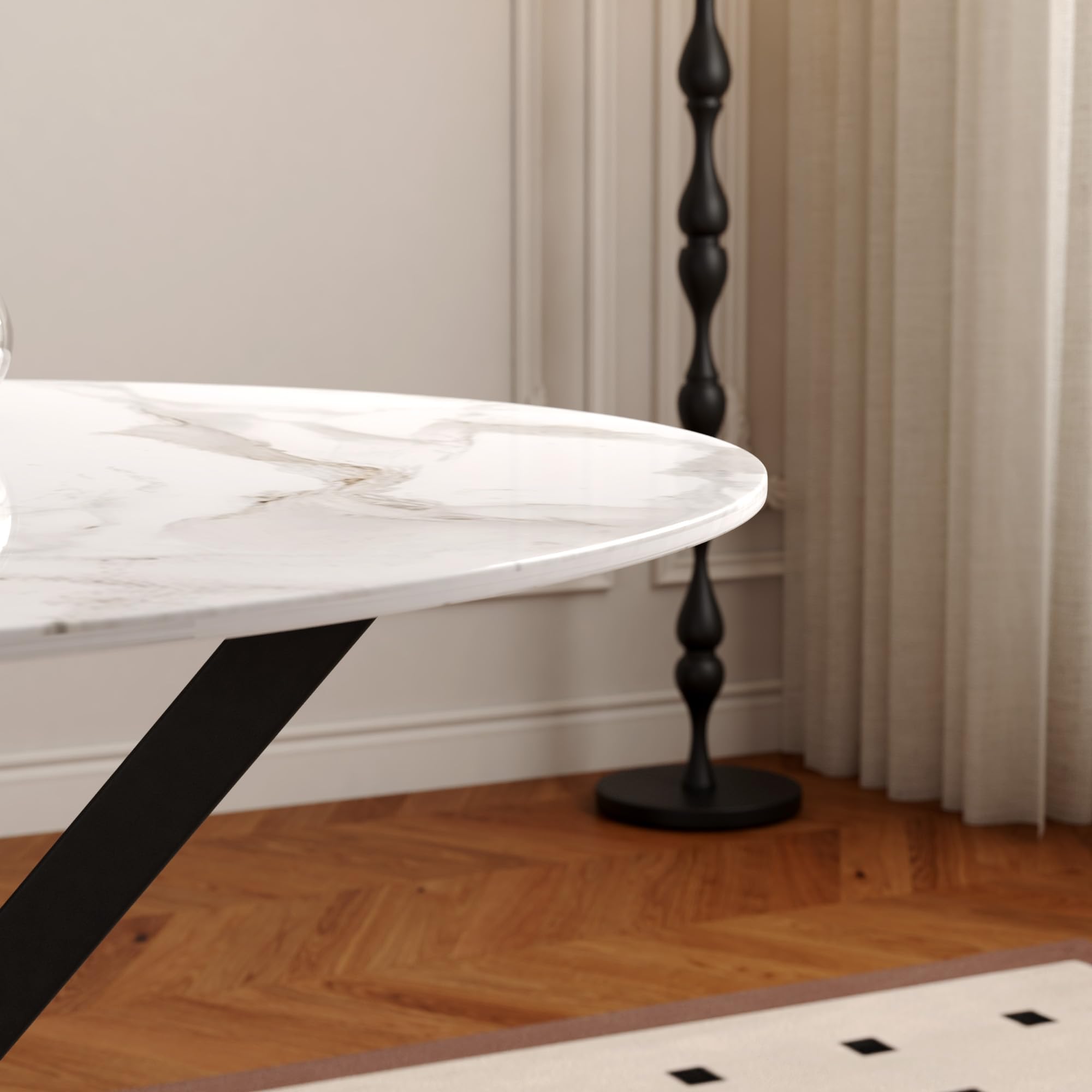 Round Dining Table,35.5" Modern Sintered Stone Kitchen Table with Black Metal Legs for Dining Room Home Furniture CA | LEUKHOUSE