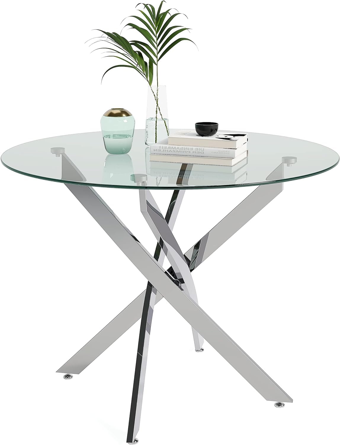 Round Glass Dining Table,35.5" Modern Round Kitchen Table with Chromed Legs Home Furniture for Kitchen Dining Room CA | LEUKHOUSE