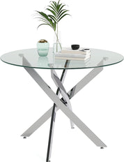 Round Glass Dining Table,35.5" Modern Round Kitchen Table with Chromed Legs Home Furniture for Kitchen Dining Room CA | LEUKHOUSE